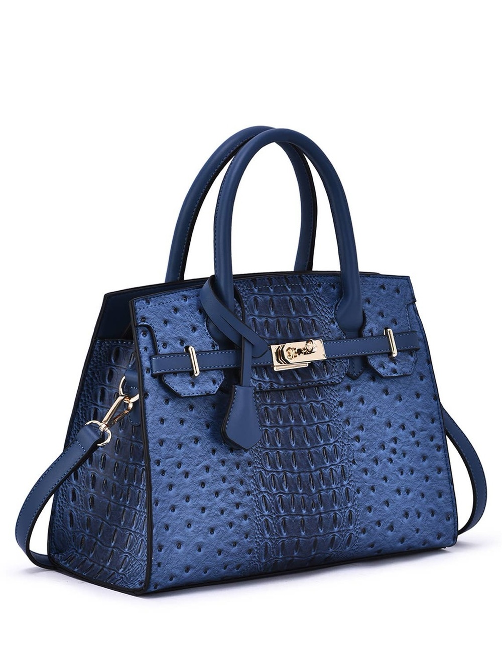 Navy Ostrich Croc Embossed Vegan Leather Satchel Handbag NWT